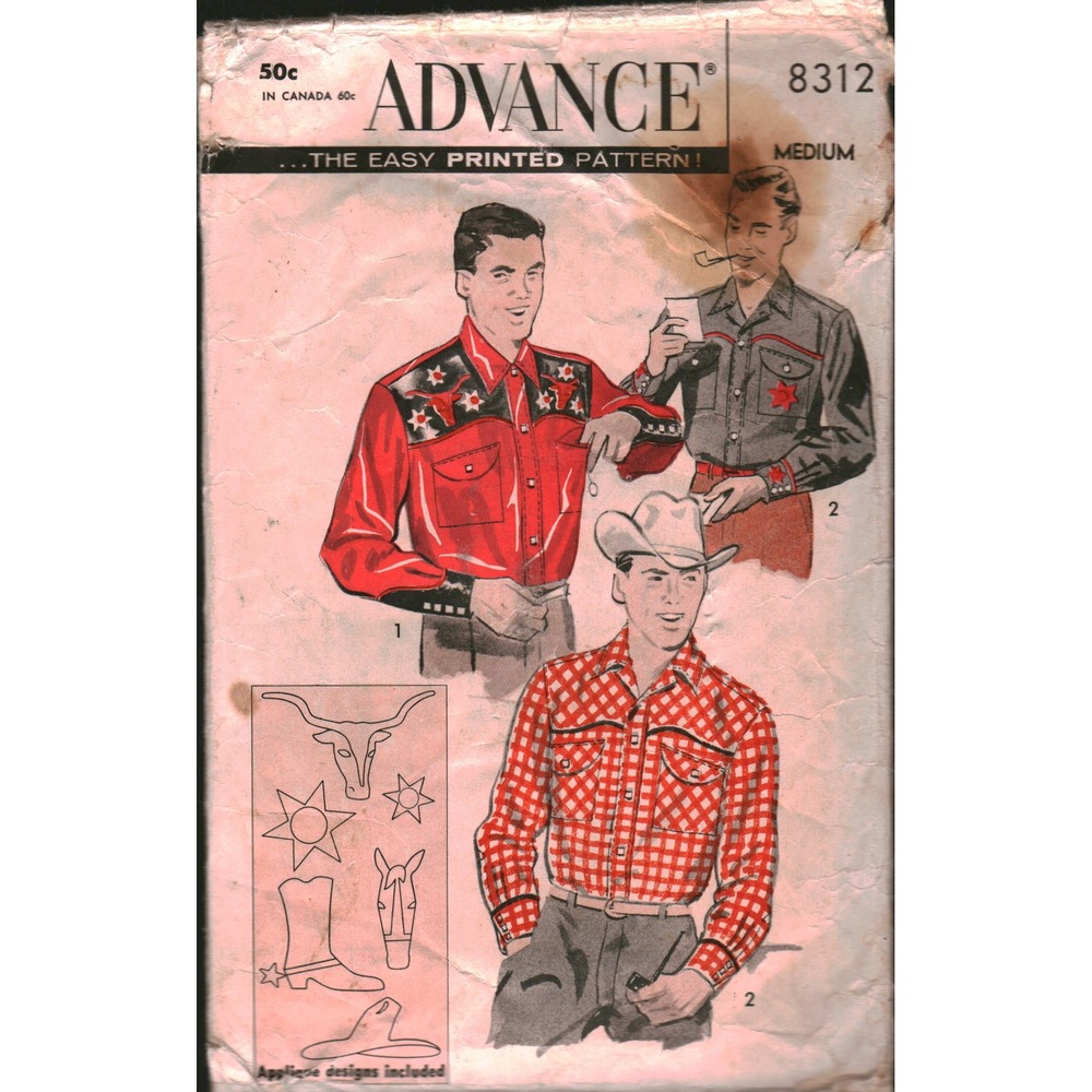 Vintage Advance 8312 Mens Western‎ Shirt Sewing Pattern Size Medium Cowboy CUT